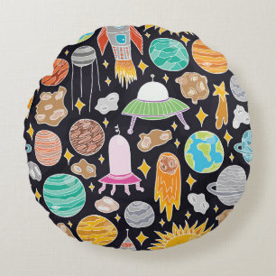 Doodle Space: Hand-Drawn Vintage Cosmos. Round Cushion