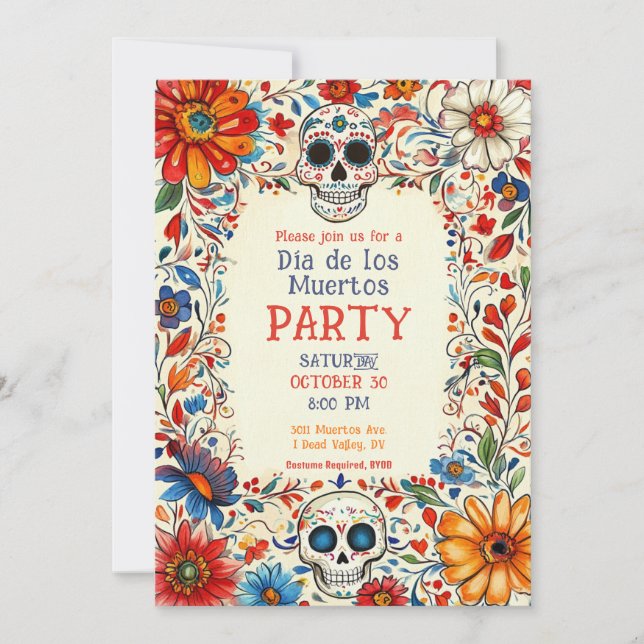 💀 Doodle style Día de Muertos Party Invitation (Front)
