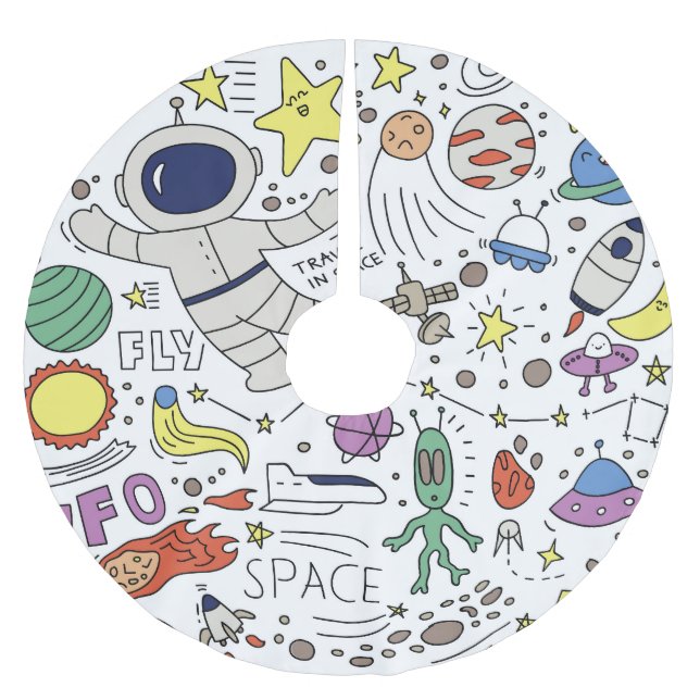 Doodle style, space theme illustration. brushed polyester tree skirt (Front)
