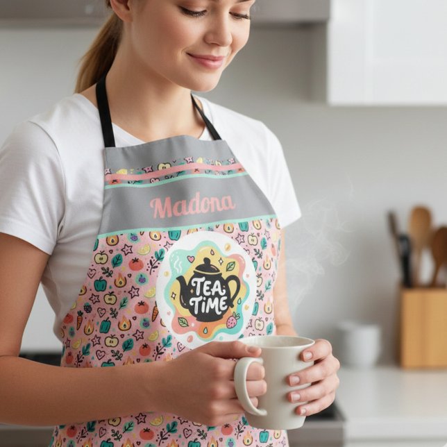 Doodle Tea Time Teapot Pastel Art Apron (Creator Uploaded)