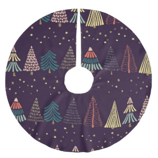 Doodle trees, stars, dark blue. brushed polyester tree skirt