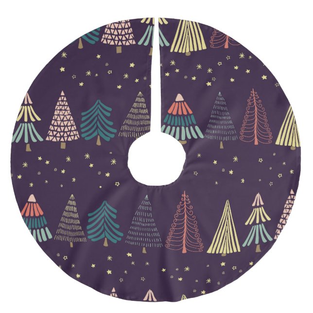Doodle trees, stars, dark blue. brushed polyester tree skirt (Front)