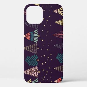Doodle trees, stars, dark blue. iPhone 12 case