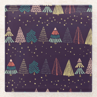 Doodle trees, stars, dark blue. glass coaster
