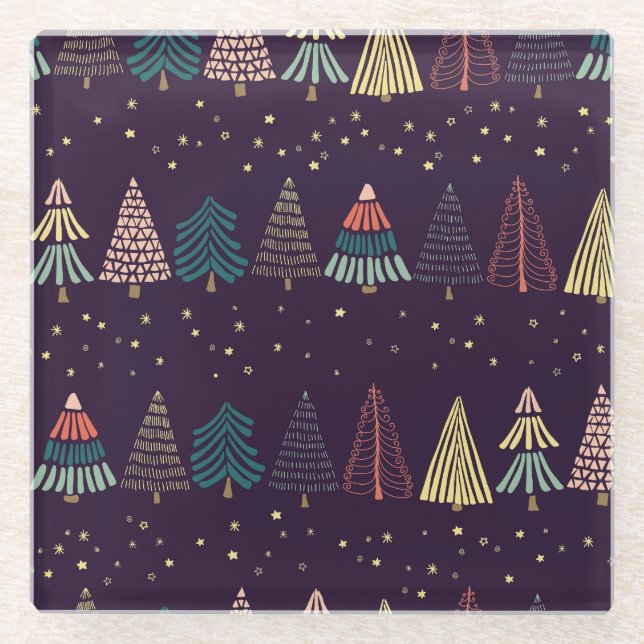 Doodle trees, stars, dark blue. glass coaster (Front)