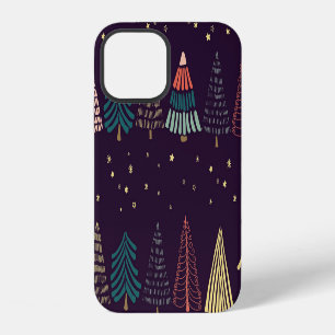 Doodle trees, stars, dark blue. iPhone 12 case