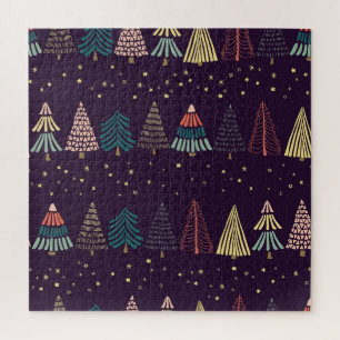 Doodle trees, stars, dark blue. jigsaw puzzle