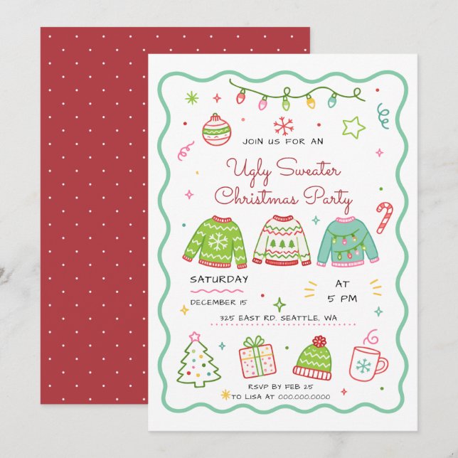 Doodle Ugly Sweater Christmas Party Invitation (Front/Back)