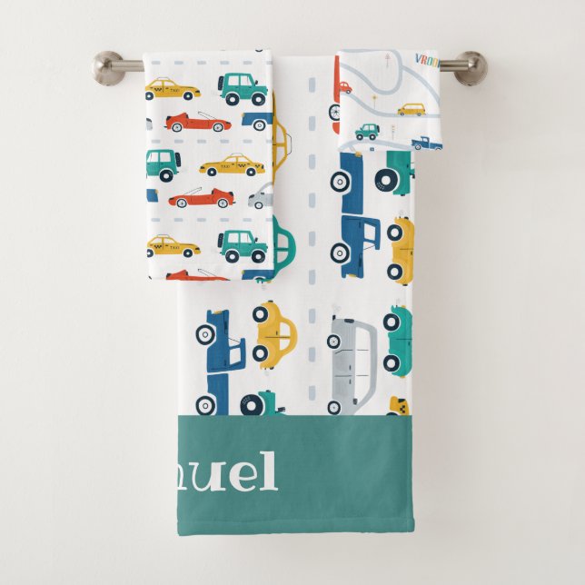 Doodle Vehicles Kids Personalised Name Towel Set (Insitu)