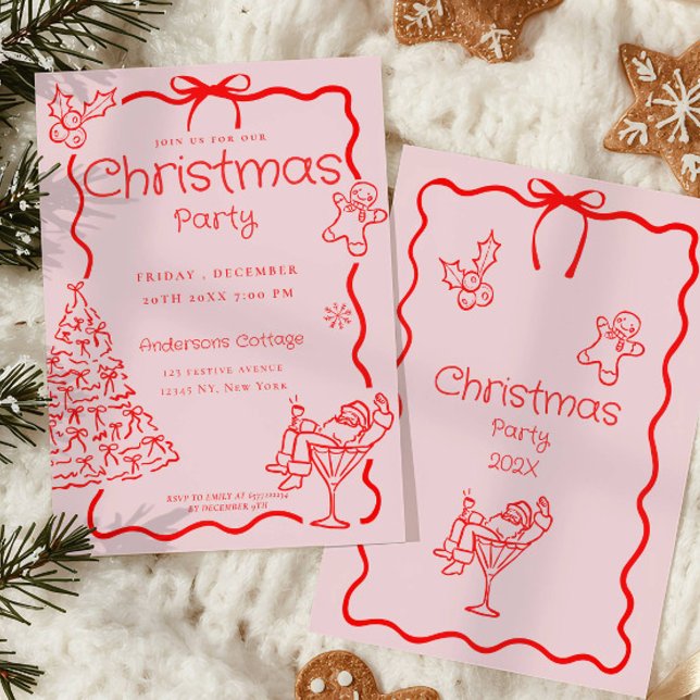 Doodle Whimsical Red Pink Christmas Party Invitation (Creator Uploaded)