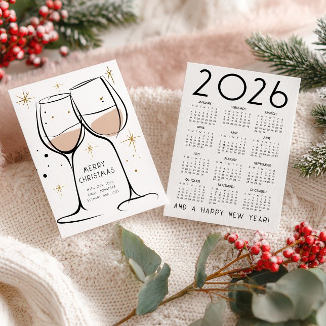 Doodle Wine Glasses 2026 Calendar Merry Christmas Holiday Card (Front and back view)