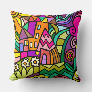 Doodle Wonderland Abstract Country Scene Cushion