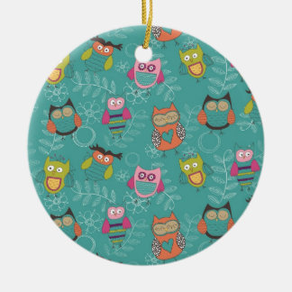Doodled Owls on Teal Ceramic Tree Decoration