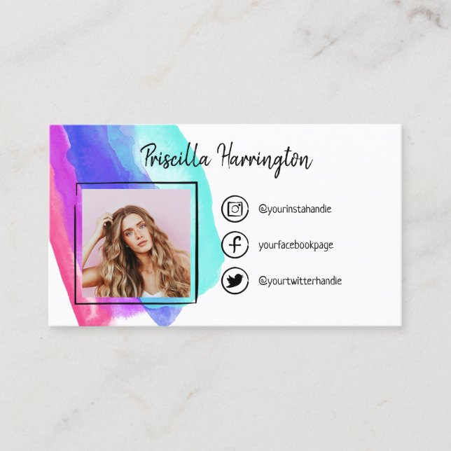 Doodled Social Media Icons Blue Watercolor Photo Calling Card (Front)