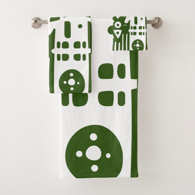 Doodles 2 of 4 Forest Green and White Bath Towel Set (Insitu)