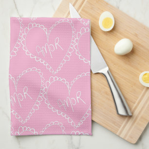 Doodles Black Hearts Valentines Day Pink Tea Towel