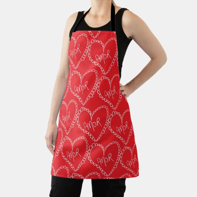 Doodles Black Hearts Valentines Day Red Apron (Insitu)