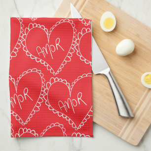 Doodles Black Hearts Valentines Day Red Tea Towel