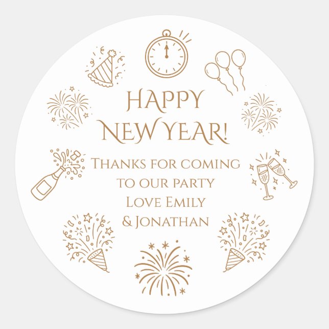 Doodles Gold text New Year Party Thank you  Classic Round Sticker (Front)