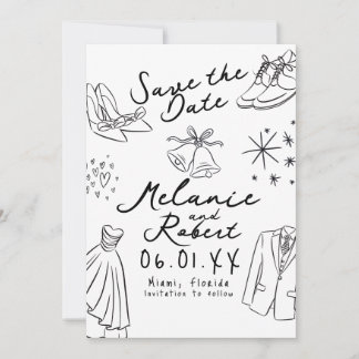 Doodles Hand Drawn Black White Groom Bride Save The Date