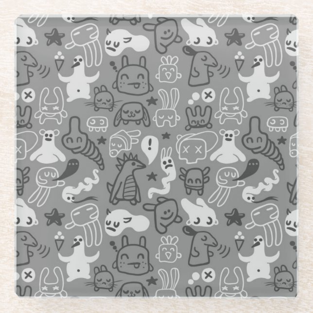doodles pattern illustration glass coaster (Front)