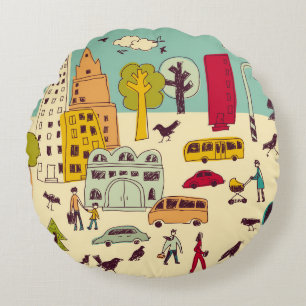 Doodles urban park landscape walking color city li round cushion