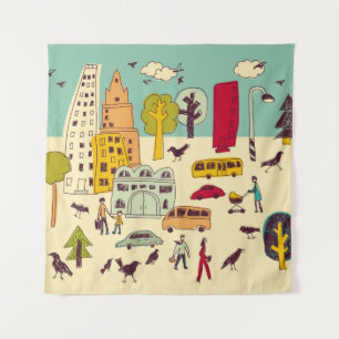 Doodles urban park landscape walking color city li tapestry
