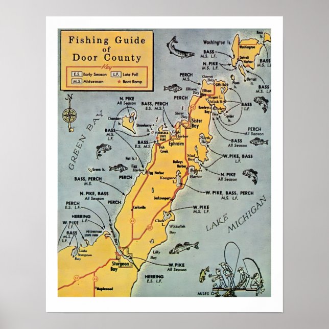 "Door County Fishing 16x20 Map Print (Front)