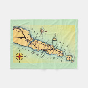 Door County Vintage Map Fleece Throw Blanket