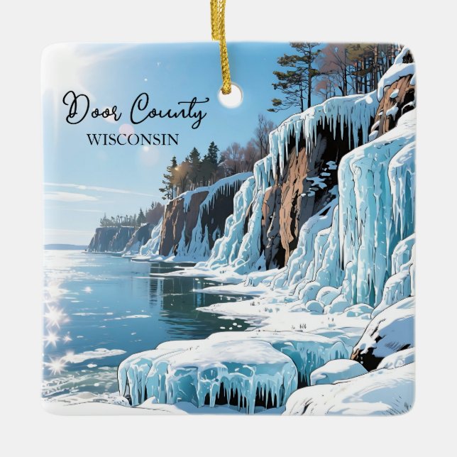Door County  Wisconsin Winter Poem Christmas Ceramic Ornament (Front)