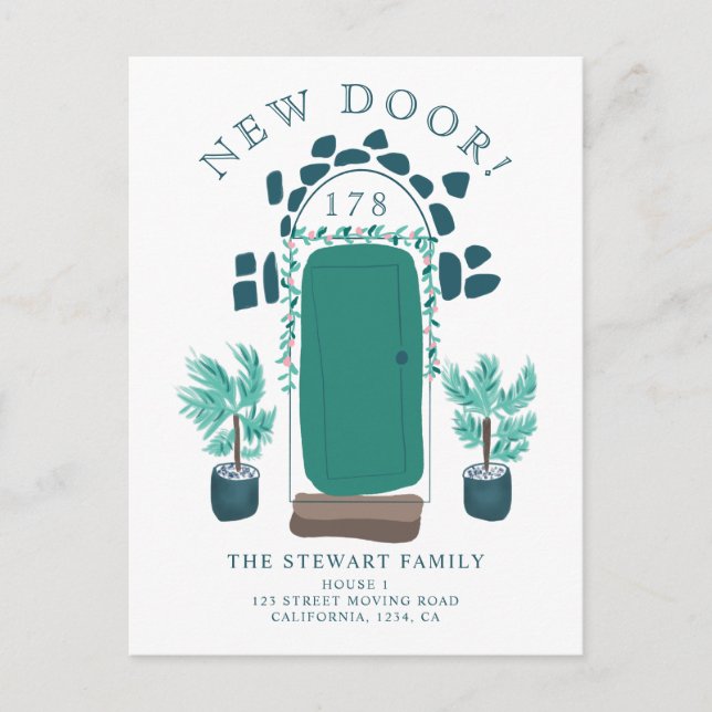 Door illustration floral new home moving announcement postcard (Front)