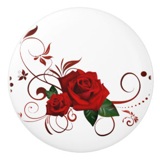 Door Knob Wood Red Rose Floral