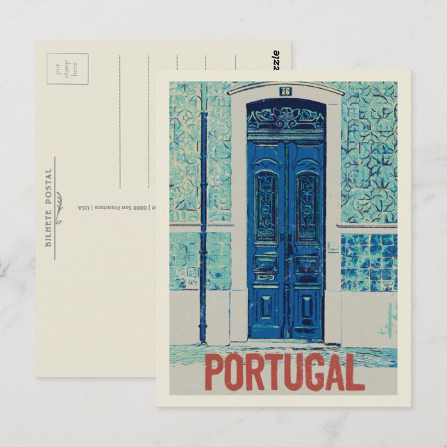 Door, traditional tiles in Portugal illustration Postcard (Front/Back)
