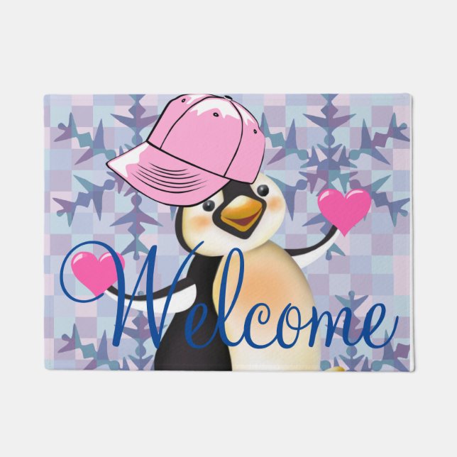 Doormat Happy Valentine's Day Penguin Hearts (Front)