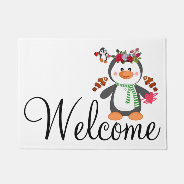 Doormat Happy Valentine's Day Penguin Hearts (Front)