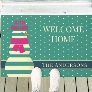Doormat modern teal winter wonderland snowman