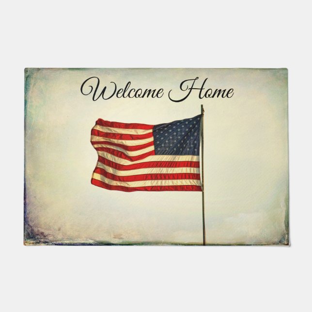 Doormat "Welcome Home" with American Flag. Rustic (Front)