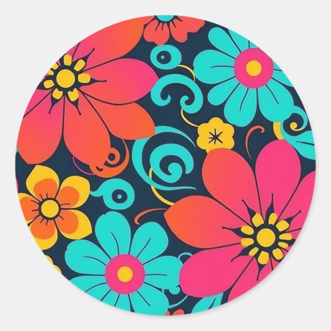 Dopamine Decor – Bright Funky Flowers-Retro Classic Round Sticker (Front)