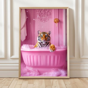 Dopamine Tiger in Bathtub Print Pink Funny Poster,