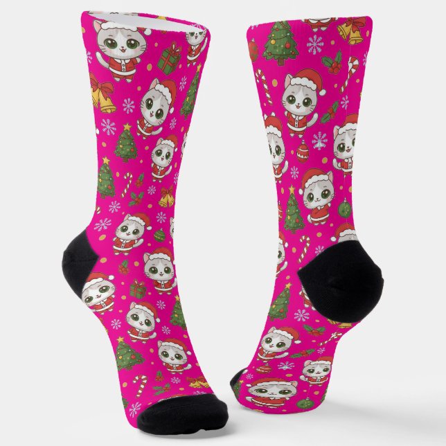 dorable Kitten And Christmas Icons Pattern Holiday Socks (Angled)