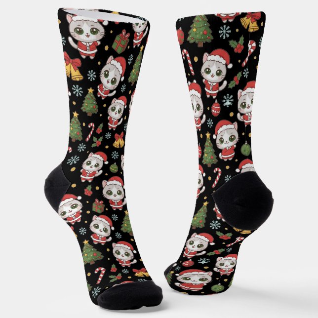 dorable Kitten And Christmas Icons Pattern Holiday Socks (Angled)