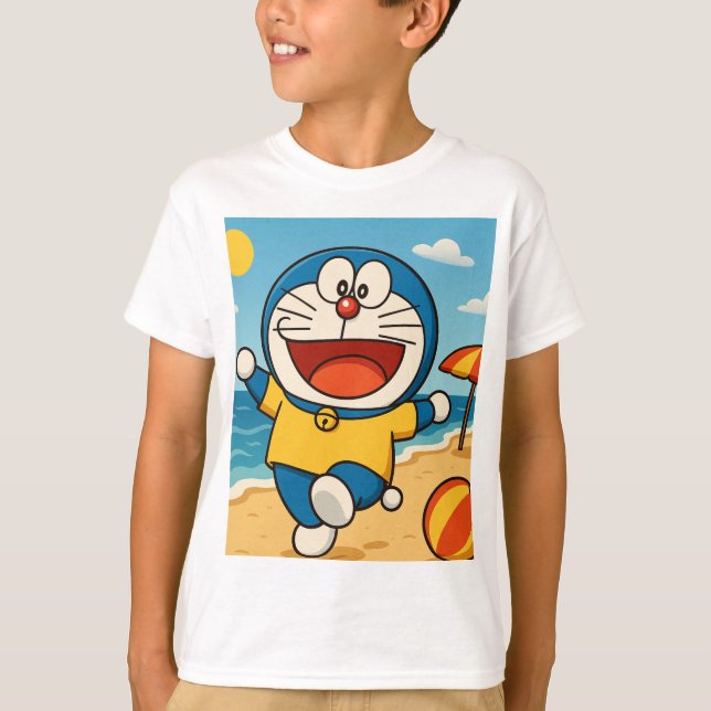 Doraemon Beach Day – Fun Summer Vibes T-Shirt (Front)