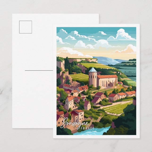Dordogne France Art vintage travel illustration Postcard (Front/Back)