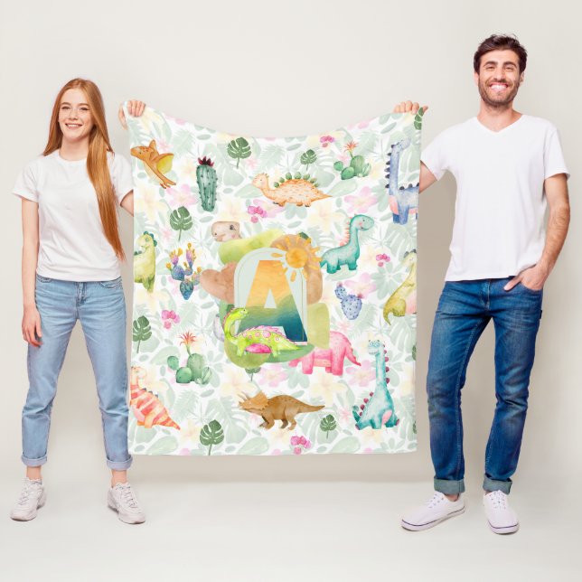 DORKY DINOSAURS BOYS DECOR BABY NURSERY MONOGRAM FLEECE BLANKET (In Situ)