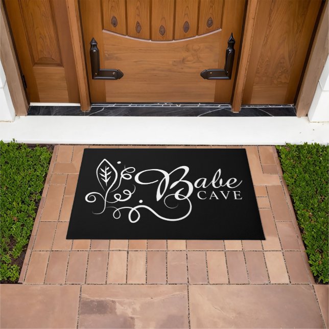 Dorm Babe Cave Abstract Floral Art Motif On Black Doormat (Outdoor)