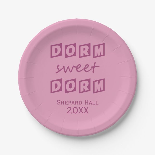 "Dorm Sweet Dorm" custom dorm party paper plates (Front)