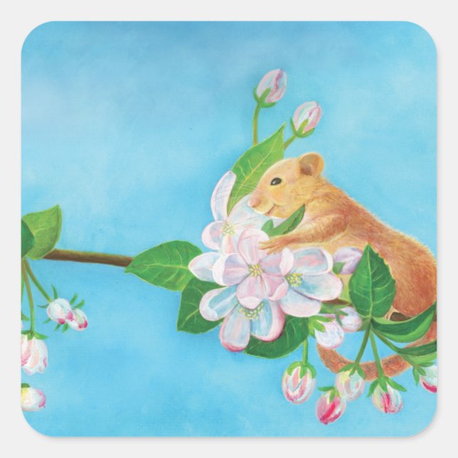 Dormouse and apple blossoms illustration  square sticker (Front)