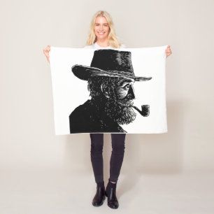 Dot and Line Portrait: Wise Old Man Smoking a Pipe Fleece Blanket