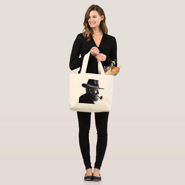Dot and Line Portrait: Wise Old Man Smoking a Pipe Large Tote Bag (Front (Model))