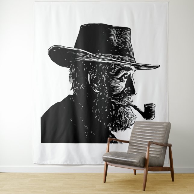 Dot and Line Portrait: Wise Old Man Smoking a Pipe Tapestry (In Situ)